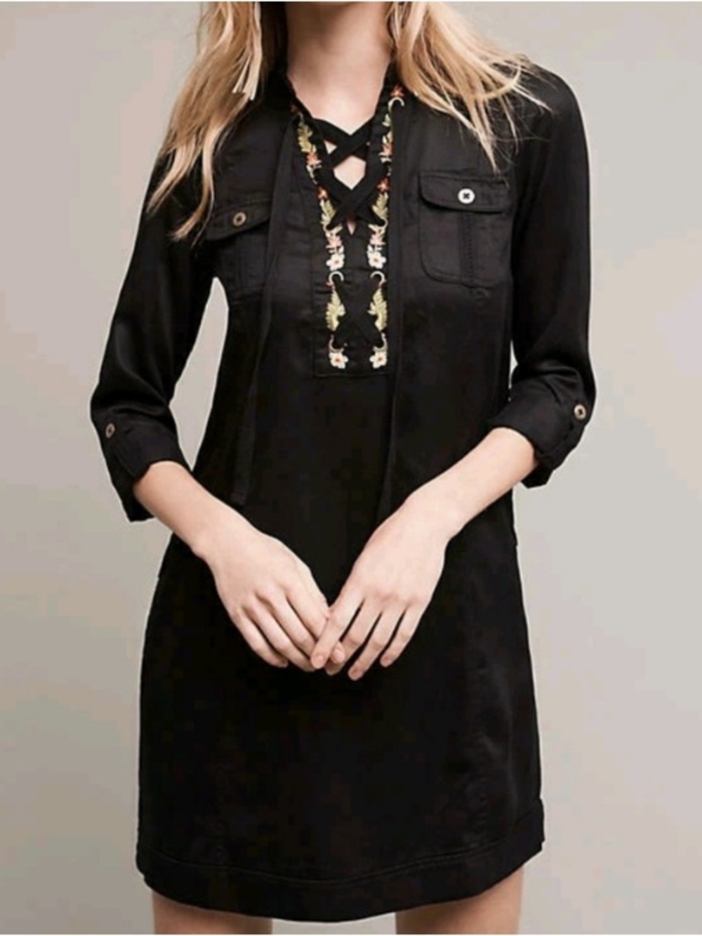 Anthropologie Holding Horses Embroidered Lace up Shirt Dress - Picture 1 of 12